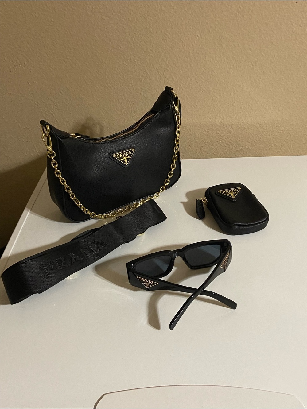Prada Black Leather Bag, Chain Strap, Sunglasses & Pouch Set